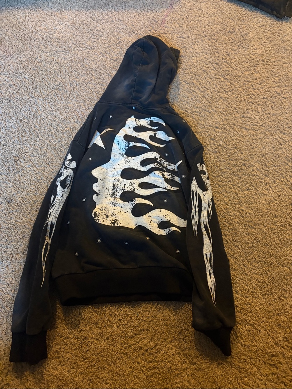 Men's Black Zip-Up Hoodie with White Flame Graphic